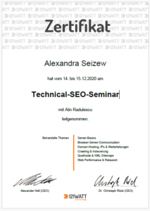 Zertifikat Technical SEO Seminar 121 Watt
