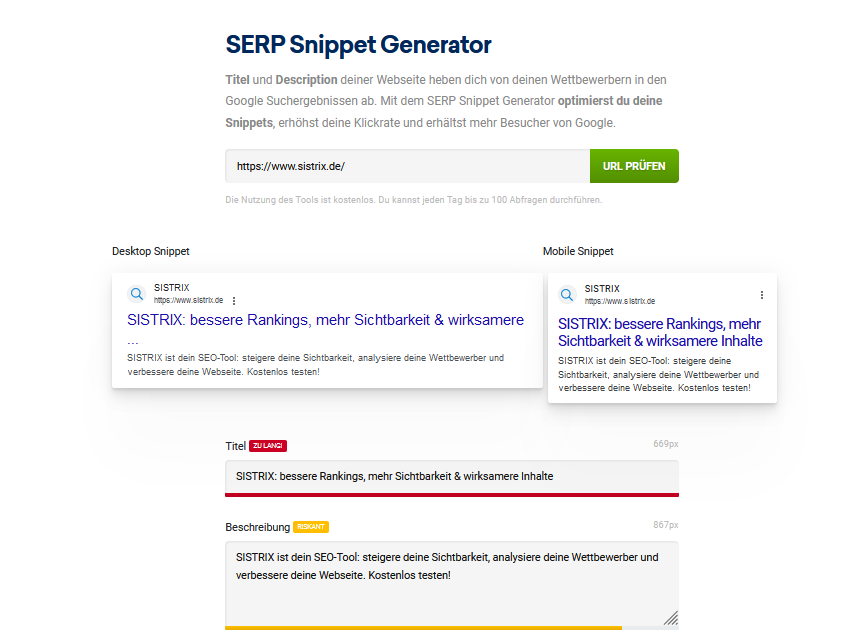 Sistrix SERP Snippet Generator Overview