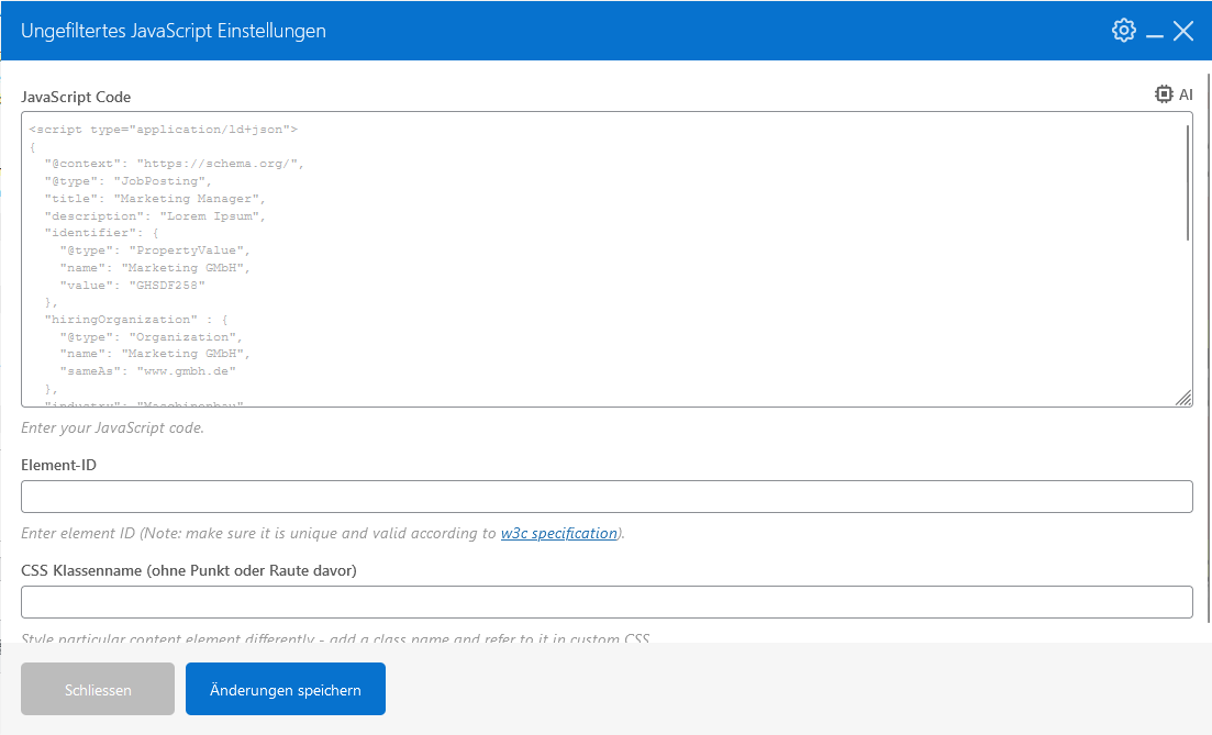 JS Code für Jobs in JS WP Bakery Element einbauen