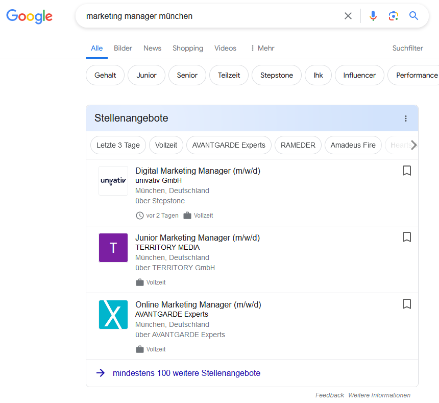Marketing Manager München in Google for Jobs